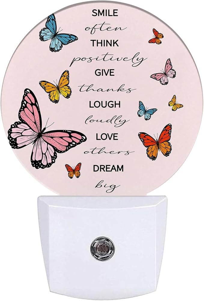 Butterfly Night Light Inspirational Quote Night Lights LED Lamp Round Plug into Wall Nightlight with Dusk to Dawn Sensor Home Hallway Stairway Kitchen Decor