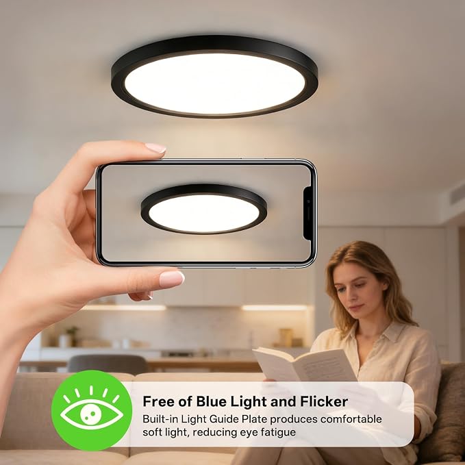 15.8Inch 2Pack LED Flush Mount Ceiling Light 5CCT,ETL Listed,Dimmable Black | Hardwired 5CCT Selectable 2700K-5000K,30W 3400LM Dimmable Round Flat Panel Light Fixture for Living/Bedroom,Porch&Indoor