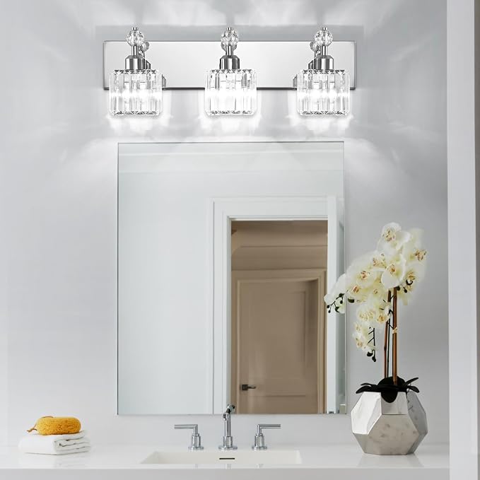 PRESDE Crystal 3-Light Vanity Light for Bathroom，Chrom Modern Bathroom Lights Fixtures Over Mirror