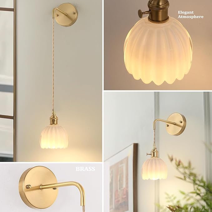 Battery Operated Wall Sconce with White Tulip Shade Pattern Glass Adjustable Chain Retro Gold Wall Mounted Light, Modern Wall Lamp Fixtures Decor for Bedside Bedroom Indoor Doorway，Set of 2