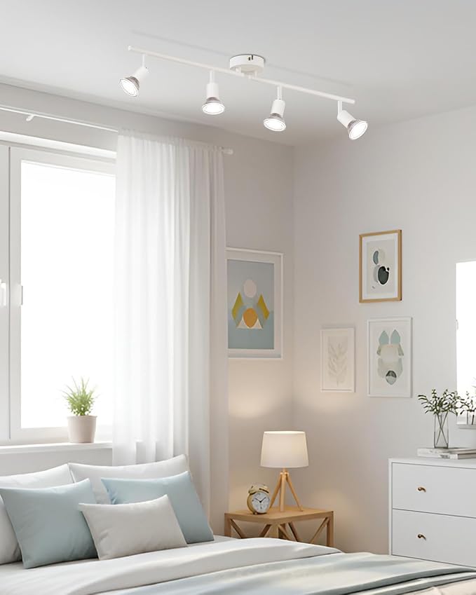 LVWIT 4-Light Track Lighting Fixtures Ceiling with Flexibly Rotatable Head, Modern White Track Lighting Kit, Ceiling Spotlights for Kitchen, Living Room, Bedroom (GU10 Socket, Bulbs not Included)