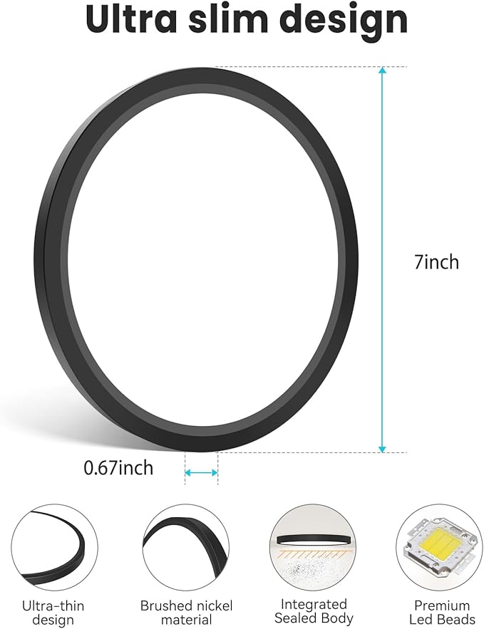 libtit 7 inch Flush Mount LED Ceiling Light Fixture, 3000K-6500K Adjustable, 15W 1500lm Black Satin Round Ceiling Lamp for Bathroom Hallway Kitchen Bedroom, 1 Pack