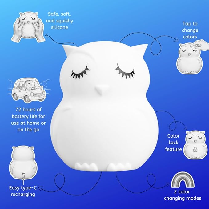 Lumipets Animal Kids Night Light, Junior Owl, Soft and Safe Silicone Rubber Lamp, Soothing Colors, Portable, Easy Control