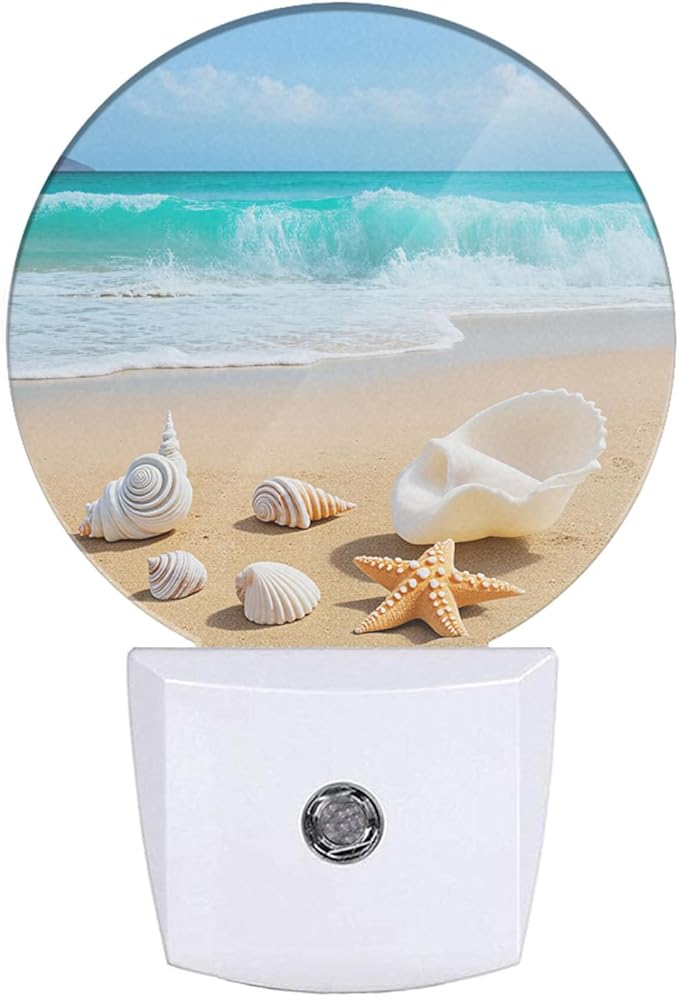 Seashell Nightlight Summer Beach Coral Starfish Blue Ocean Sea Waves Night Lights Plug into Wall Dusk to Dawn Sensor Round Night Light for Adults Boys Girls, 0.5W Energy Efficient