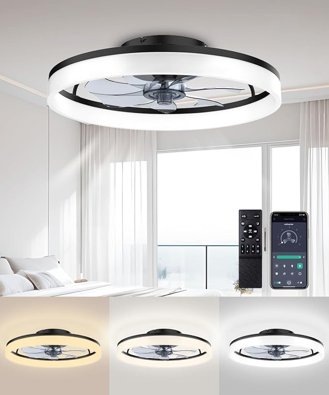 Ceiling Fans with Lights and Remote, 20" Modern Low Profile Ceiling Fan, 6-Speed Quiet Reversible Motor, Flush Mount LED Fan Light,Fandelier Ceiling Fans for Bedroom (Black)