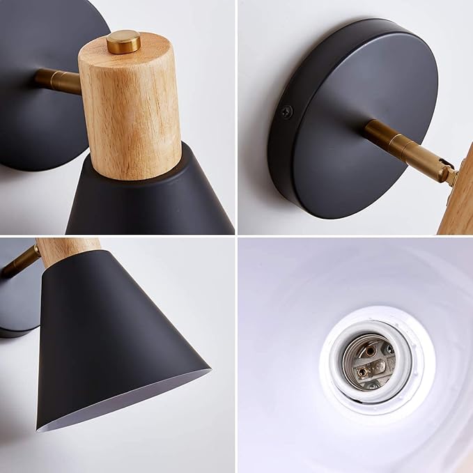 ClanKin Wall Sconces Lighting for Bedroom, Black Adjustable Wood Style Wall Sconce Reading Lamp, Wall Light for Bedroom Hallway Living Room (Black-Hardwired, 1 Pack)