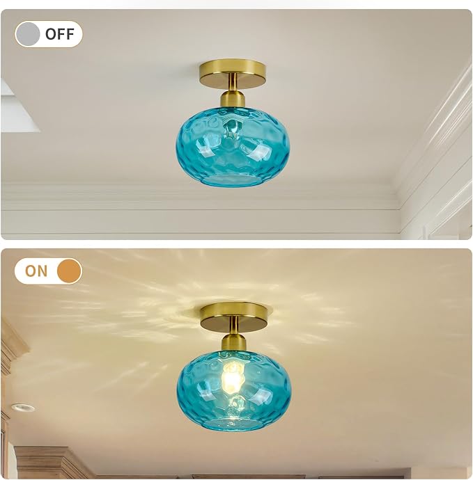 7.9″ Vintage Small Blue Semi Flush Mount Hallway Ceiling Light ,2 Pack | Art Deco Hammered Glass,Whimsical,MCM,Gold Mid Century Light Fixtures for Closet Cottage Entryway Laundry Room Foyer
