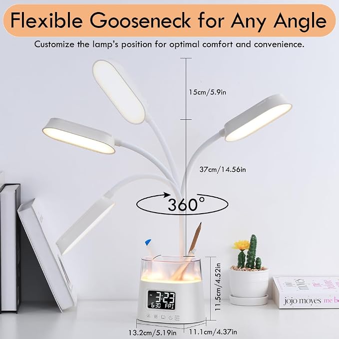 WILIT LED Desk Lamps for Home Office with Pen Holder, Table Lamp for Bedroom with USB Charging Port & Clock, RGB Night Light, Study Lamp for Kids Girls, Desk Light for College Dorm Room Essentials