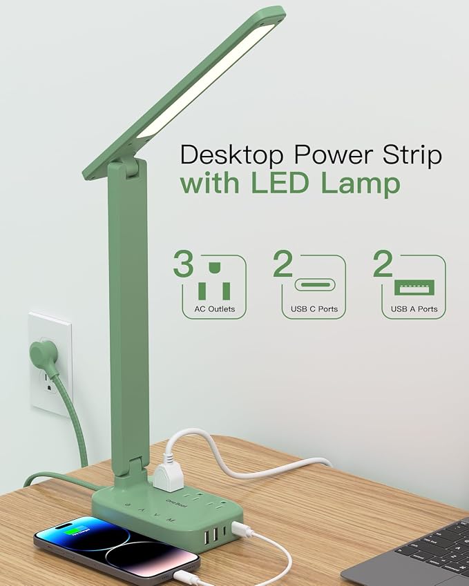 LED Desk Lamp Power Strip with 4 USB 3 Outlets, Dorm Room Essentials, Green | One Beat 4 Modes 5 Level Brightness Touch Lamp, Small Desk Lamp for Home Office College Dorm Essentials, Study Reading Light