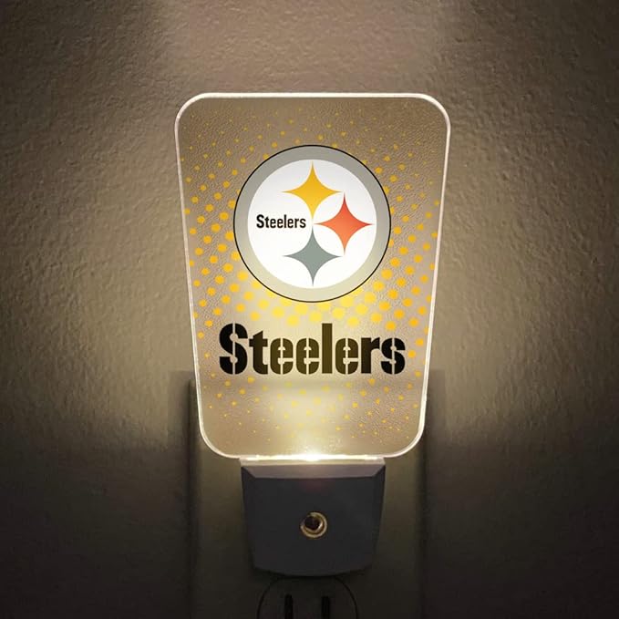 Party Animal NFL Team LED Night Light, with Auto Sensor and 3 Light Settings, Slim 5-Inch Design fits Standard Outlets, Pittsburgh Steelers
