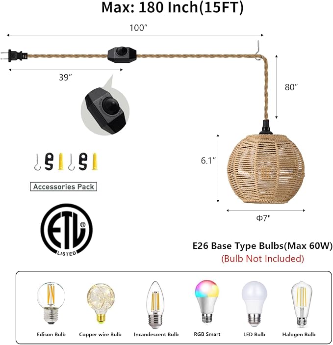 15ft Plug in Pendant Light with Cord Dimmable Switch | Rattan Hanging Lamp with Hand Woven Wicker Plug in Chandelier Boho Hanging Lights Fixture for Bedroom kitchen Hallway Foyer