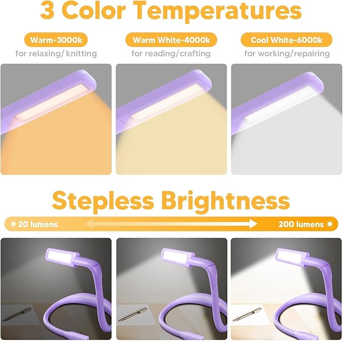 Mothers Day Gifts for Mom Wife: Purple Neck Light with Storage Case for Book Lovers Knitters Crafters, 10-80Hrs Eye-friendly Rechargeable Book Reading Lamp Knitting Crochet Craft Light Sewing Supplies