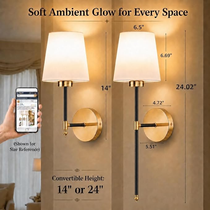 IRONPAX Wall Sconces Battery Operated Set of 2, Wireless Rechargeable Wall Sconce Set of Two, Dimmable Wall Lights with Remote for Bedroom Living Room Hallway Decor (Black-Gold, Fabric Shade)