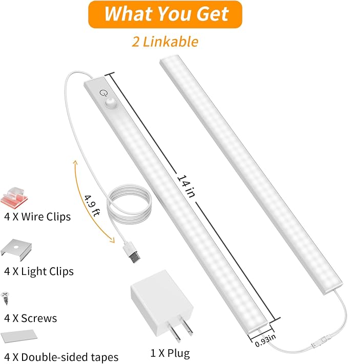 USB Plug-in Motion Sensor Light, Night/Day/ON Modes, Bright&Dimmable | 2-Row LED, 14" Under Cabinet Lighting Indoor for Kitchen, Cabinet, Closet - 6000K Cool White, 2-Bar Linkable