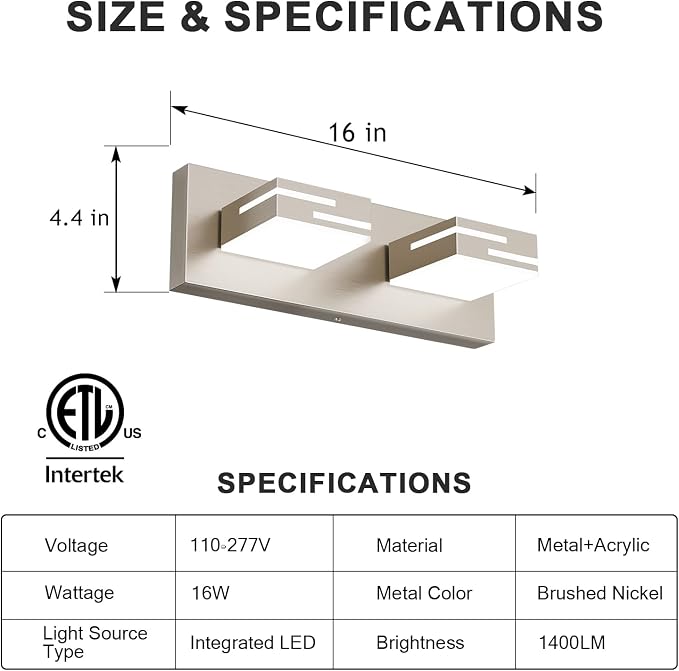 LED Modern Bathroom Vanity Light Fixtures, Dimmable Brushed Nickel Vanity Lights for Bathroom Lighting Fixtures Over Mirror, with 360° Rotatable Acrylic Heads 2-Light 16-inch (Cool White 6000K)