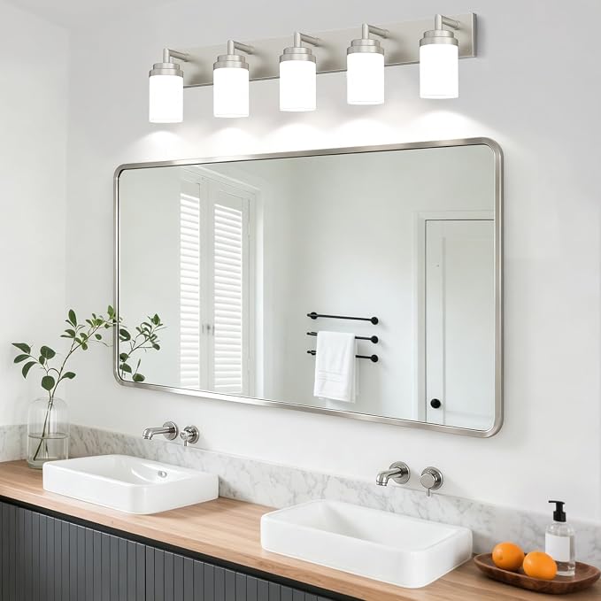 Bathroom Light Fixtures, Brushed Nickel Bathroom Lighting Fixtures Over Mirror, Modern Vanity Light with White Glass Shade, Restroom Lighting Fixtures, 5-Light 36-inch
