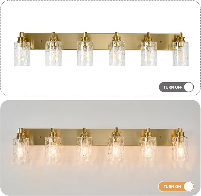 6 Light Bathroom Vanity Light Modern Brushed Gold Bathroom Light Fixtures Over Mirror with Hammered Glass Lampshade for Kitchen Hallway