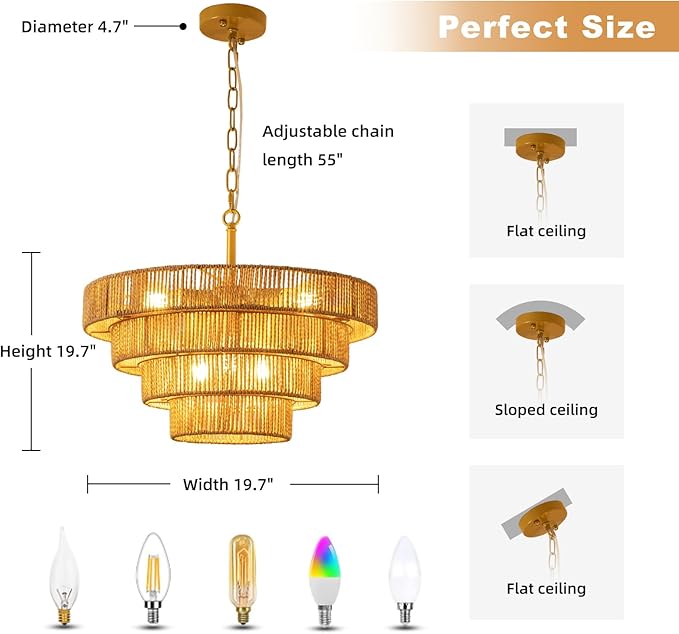6 Lights Boho Rattan Pendant Light 19.7” Large Farmhouse Chandelier with 3-Tier Wicker Shade Bohemian Gold Ceiling Hanging Light for Dining Room Living Room Kitchen