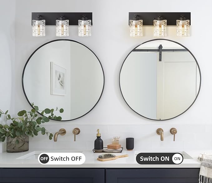 3 Lights Matte Black Crystal Bathroom Vanity Light,Modern Bathroom Wall Light,Crystal Over Mirror Light Fixtures for Living Room, Bedroom, Hallway