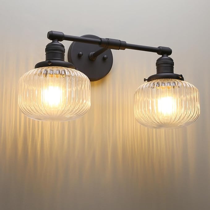 Phansthy Vintage Hardwired Sconces Wall Lighting, Bathroom Vanity Light Fixtures Antique Brass, Modern Wall Light with Clear Striped Glass Shade for Bedroom Fireplace Hallway (Black, Two-Light)