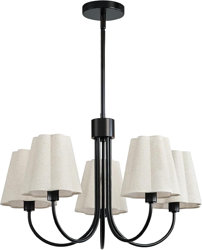 RUIYEY Modern Dining Room Chandelier - 23" 5-Light Gold Farmhouse Chandeliers with White Fabric Shades, Adjustable Hanging Dining Room Light Fixture, E12 Hardwired Ceiling Light for Kitchen Island
