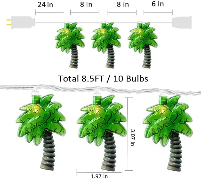 8.5Ft Palm Tree String Lights Outdoor, Waterproof Patio Palm Tree Lights String with 10 Mini Incandescent Lights, Summer Beach Theme String Lights for Indoor Bedroom Christmas Party Decor, White Wire