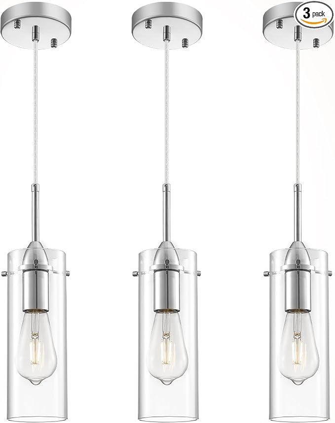 Chrome Pendant Lights Kitchen Island 3 Packs, Glass Pendant Light, Modern Clear Glass Pendant Light Fixture, Pendant Lights for Kitchen Island, Living Room, Bathroom