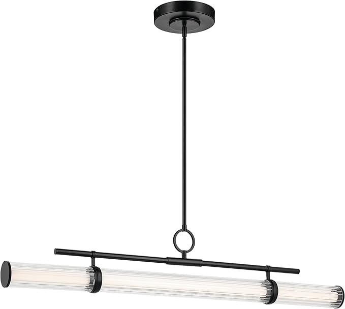 Kichler Riven LED 1-Light Linear Chandelier with Clear Fluted Glass in Black, Sloped Ceiling Compatible, for Kitchen or Dining Room (9.5" x 8" x 48.25"), 52753BKLED