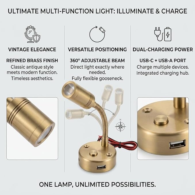 12VDC RV Reading Light with Dual USB Port(USB and USBC), LED Wall Lamp with Switch, for Camper Trailer Boat, Vintage Brass Finish,(2-Pack 3000K Dimming) | USB+Type-c,Dimmable,12v reading lighting