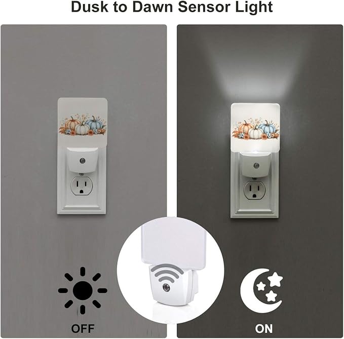 Pumpkins with Sunflowers Maple LED Plug-in Night Light 2-Pack, Auto Sensor Nightlights Set of 2 for Bedroom Bathroom Hallway