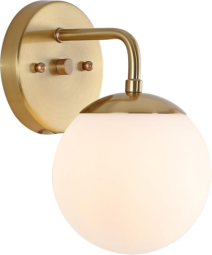 JONATHAN Y 5.75" Brass Gold Modern Globe Wall Sconce Vanity Light for Bathroom, White Frosted Glass Shade, Midcentury Parisian Bistro Wall Lamp, LED Bulb Included JYL3534A