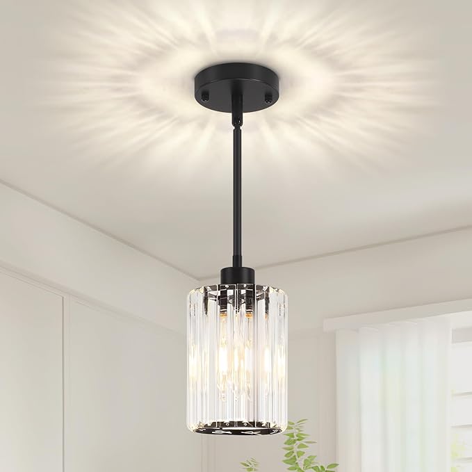 Black Pendant Light, Modern Crystal Pendant Lights Kitchen Island Lighting, Hanging Light Fixtures Mini Chandelier Pendant Lights for Island Dining Room Hallway Bedroom