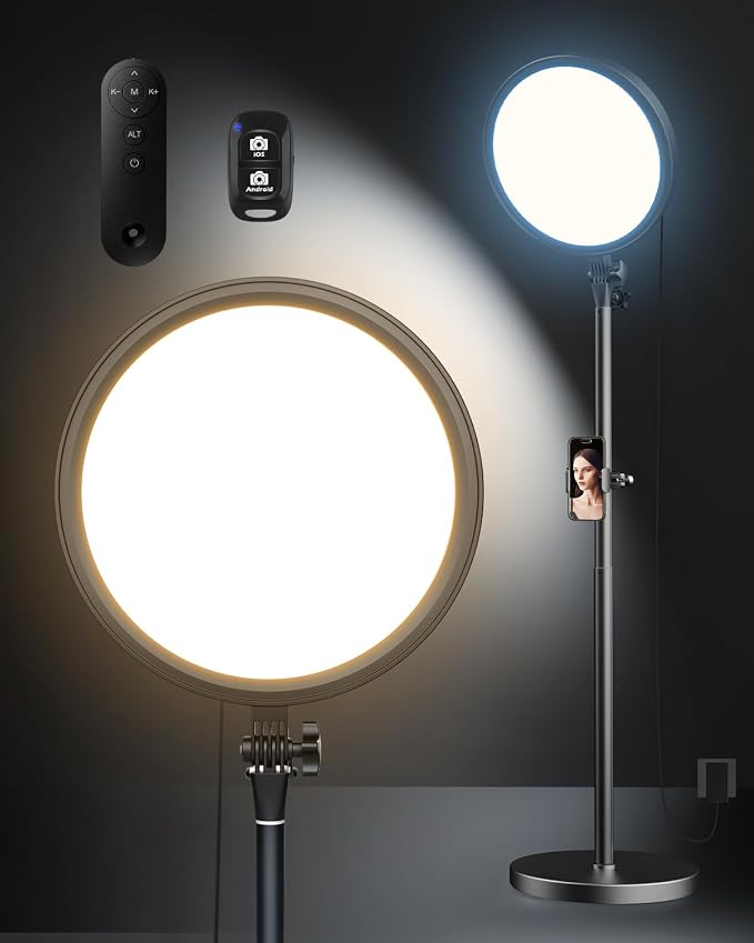 Aureday 12” Ring Light with Stand and Phone Holder, 79” Tall LED Circle Light with Weighted Base & Remote, Dimmable Floor Lamp for Video Recording, Barber, Live Stream, Makeup, Photography