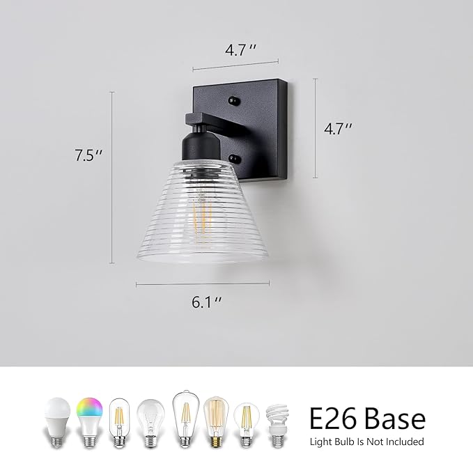 1-Light Bathroom Vanity Light, Black Modern Bathroom Lighting Fixtures with Clear Glass Shade, Farmhouse Wall Sconces for Mirror Kitchen Bedroom Living Room
