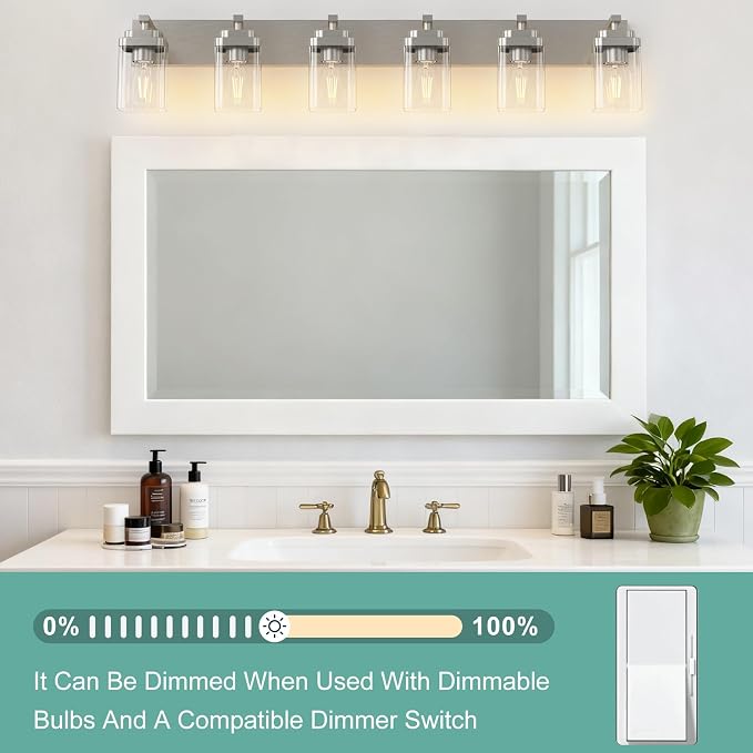 Brushed Nickel Bathroom Light Fixtures, 6 Lights Bathroom Lighting Fixtures Over Mirror, Square Design & Rectangle Large Backplate, Modern Vanity Lighting Fixtures, for Living Room/Bedroom