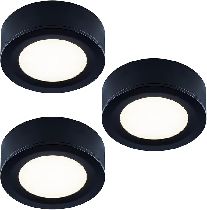 LUMILAND Wired LED Puck Lights 120V (2.7Wx3) Plug-in Lighting Warm White, LED Cabinet Light for Kitchen Can Be Surface Mount or Recess Mount, Black
