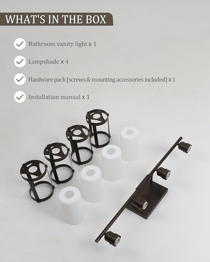 4-Light Oil Rubbed Bronze Bathroom Light Fixtures Over Mirror with Frosted Milk Glass and Metal Cage Shade, 29" UL-Listed Modern Farmhouse Wall Sconce for Bath, Hardwire E26, OS-3014ORBW-4W