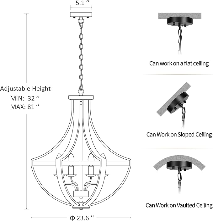 23.6" Large Farmhouse Chandeliers for Dining Room, 6-Light Adjustable Height Rustic Light fixtures for Kitchen Island Entryway Stairwell Breakfast Area, ‎Retro Wood Texture and Black Finish