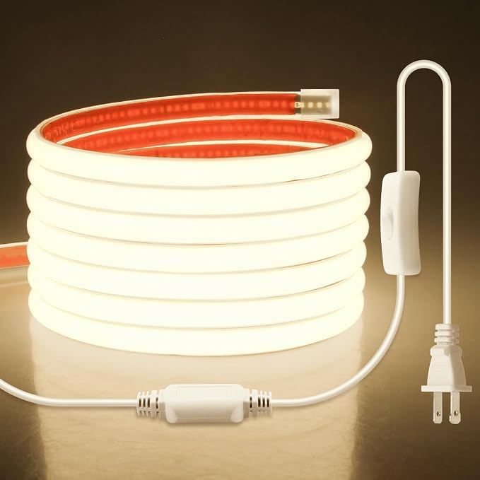 Aclorol AC 110V COB LED Strip Light 10FT/3M Neutral White Flexible LED Rope Lights Outdoor Waterproof with ON-Off Switch Control for Under Cabinets Bookshelf Living Room Shed Lighting 4000K 288LEDs/M