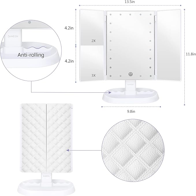 Trifold Lighted Vanity Makeup Mirror with 21 LEDs Lights,1x/2x/3x Magnification and Touch Screen Dimming,Two Power Supplies Makeup Mirror, Gift for Women