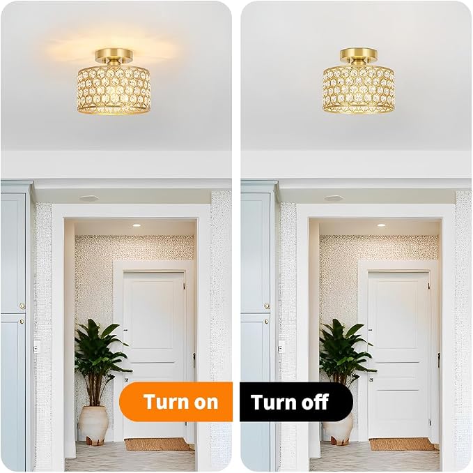 Lxybcce Gold Crystal Ceiling Light Fixture - Modern Semi Flush Mount Ceiling Chandelier Lighting for Hallway, Kitchen & Foyer | Dazzling Prism Chandelier with Easy Installation,1 Light, 9 in