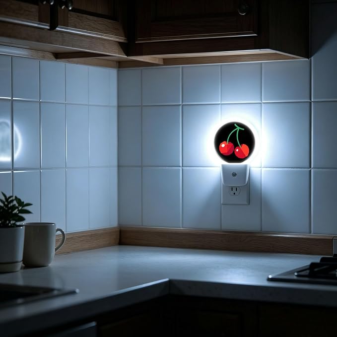Nightlight Red Cherry Plug-in Night Lights Dusk to Dawn | Sweet Fruits Printed Night Light LED Round Lamp with Auto on/off Sensor for Kitchen Hallway Bedroom Bathroom