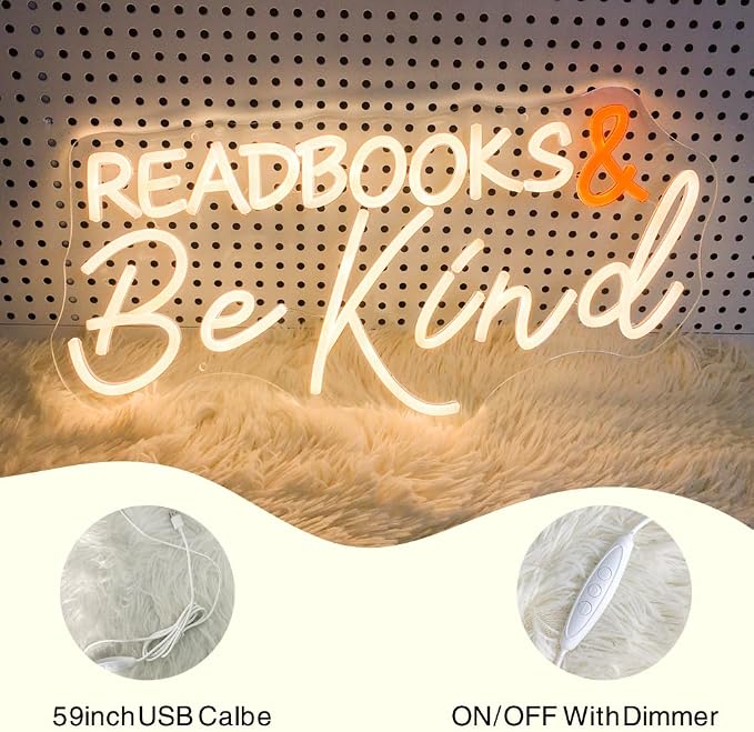 Read Books and Be Kind Neon Sign, LED Neon Light for Classroom Signs | Dimmable USB Powered Letter LED Neon Lights, 19"x9.6" Student LED Neon Light for Bookstore Library Museum Study Room Decor