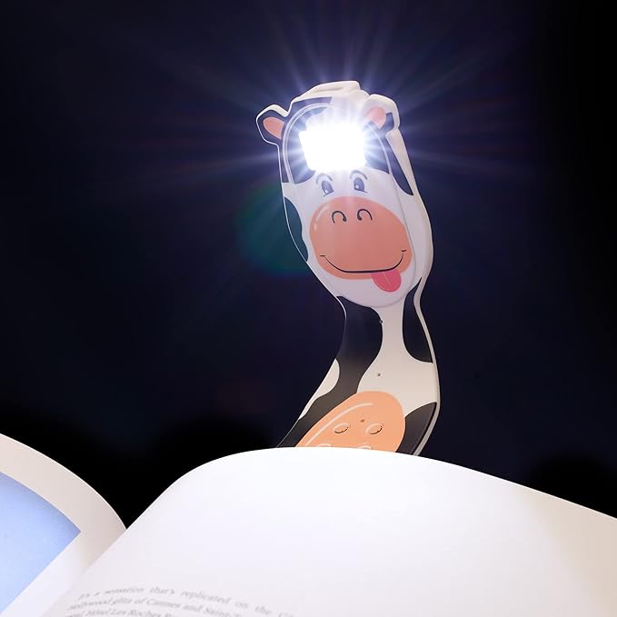 Gifts for Readers & Writers Rechargeable Book Light for Kids, Clip On Reading Light for Bed, 2in1 Flexilight Pals & Bookmark, 12 Hours of Light Once Charged, Includes USB Cable & 2 LED Lights, Cow