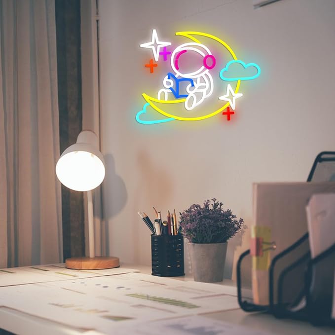 Astronaut Read Books Neon Sign Dimmable Reading on Moon Neon LED Light Spaceman Learning Light Sign for Wall Decor Bedroom Office Classroom