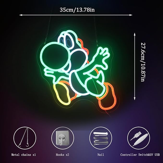 Gaming Neon Sign for Kids Bedroom Game Room, LED Anime Dinosaurs Neon Sign Wall Art for Gaming Setup, Man Cave, Dorm or Bedroom Decor, Dimmable USB, Gift for Gamers Teens, Boys, Kids