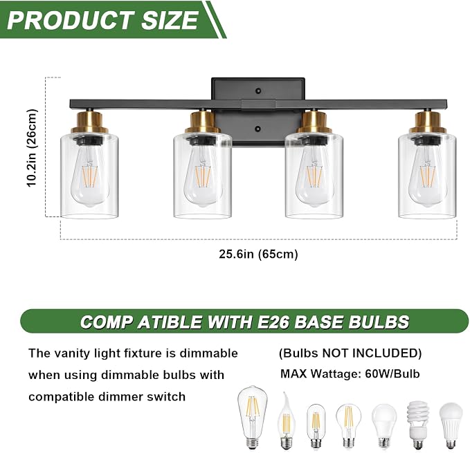 Ascher Bathroom Light Fixtures, 4-Light Vanity Lights with Clear Glass Shade, Modern Black and Gold Wall Light for Mirror Bedroom Hallway Cabinet Porch