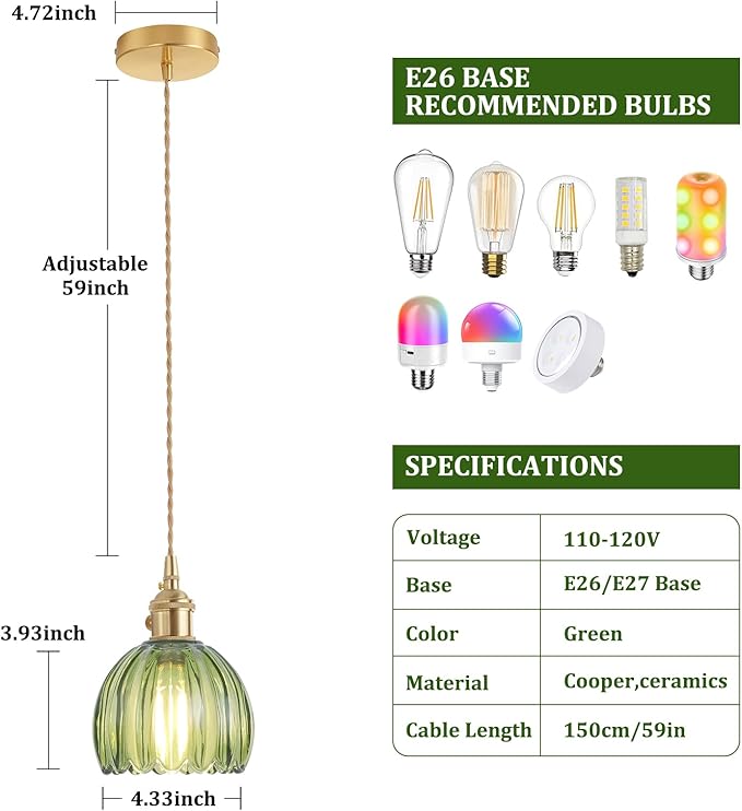 Pendant Light with Green Tulip Glass Lmapshade, Brass Vintage Pendant Light Adjustable Hanging Light for Kitchen Island Dining Room Hallway