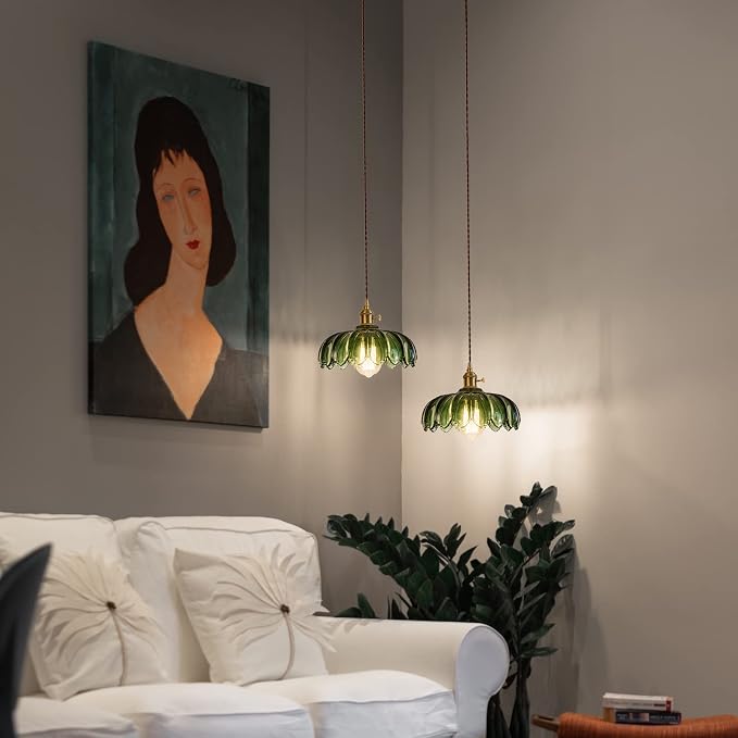 XZHGCEE Plug in Pendant Light Fixtures: Hanging Light Plug in Green Glass Hanging Lamp, Pendant Lighting for Kitchen Island, Bedroom, Dining Room, Living Room, E26 No Bulb