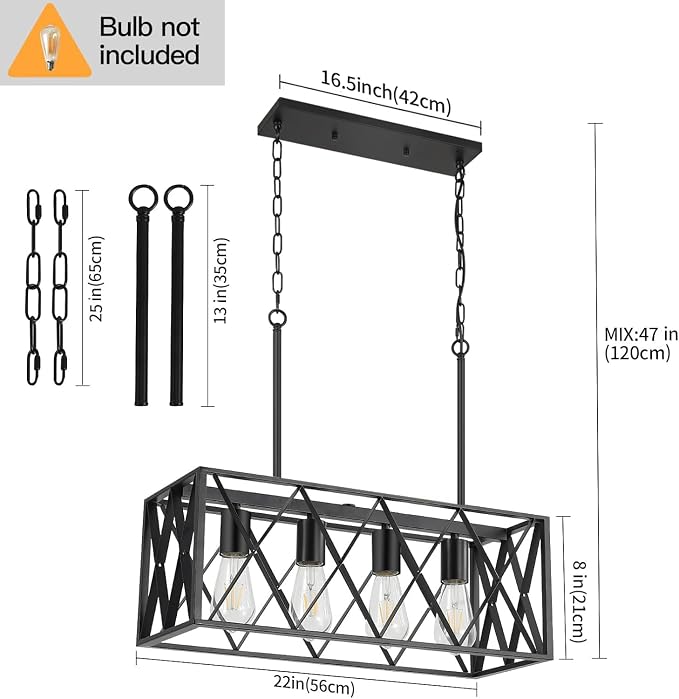 KEESFU Black Farmhouse Kitchen Island Lighting, 4 Lights Pendant Lighting Fixtures, Adjustable Height, Industrial Dining Room Light for Living Room Foyer Dining Table Over Sink.